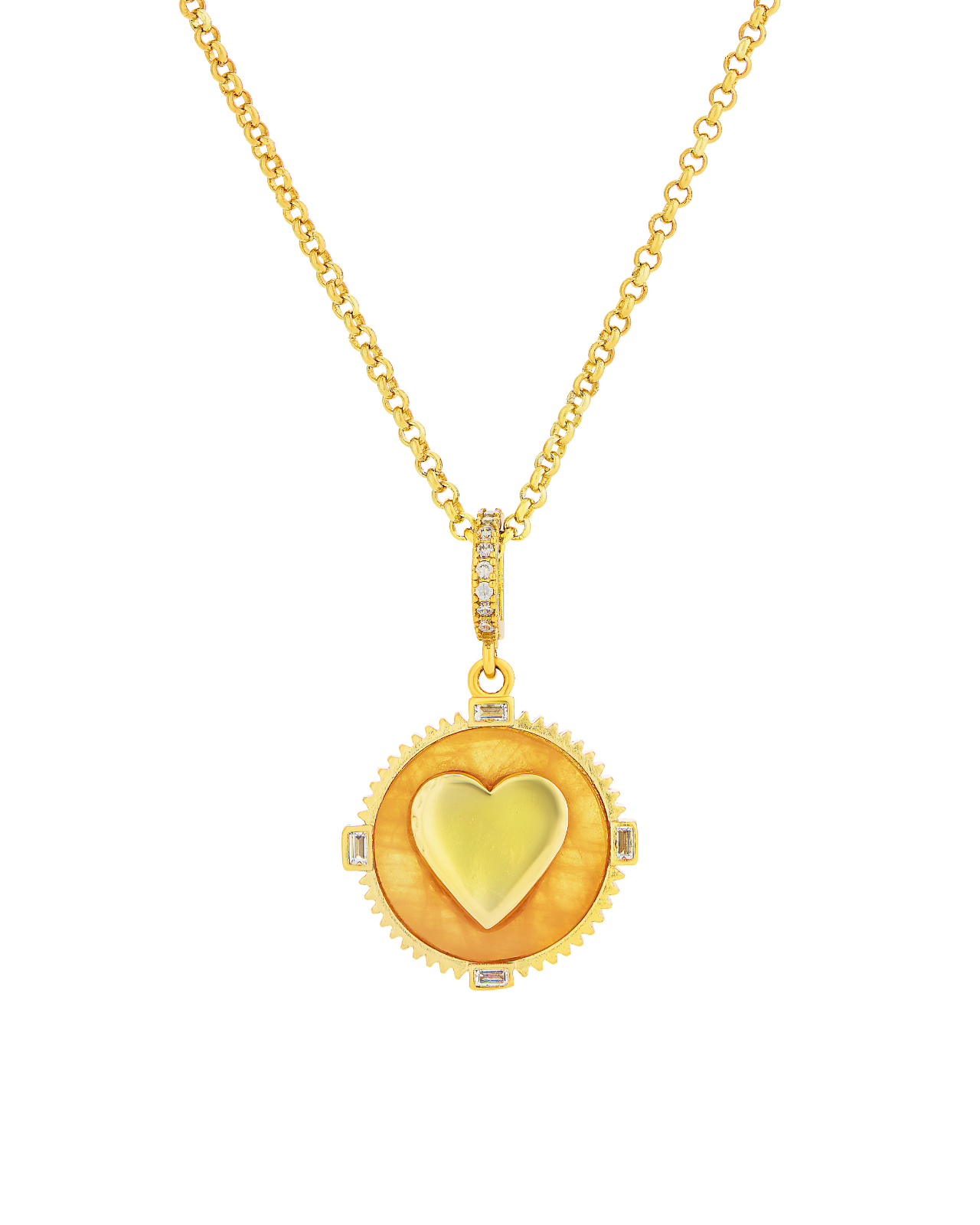 Gold necklace with a heart pendant on a white background