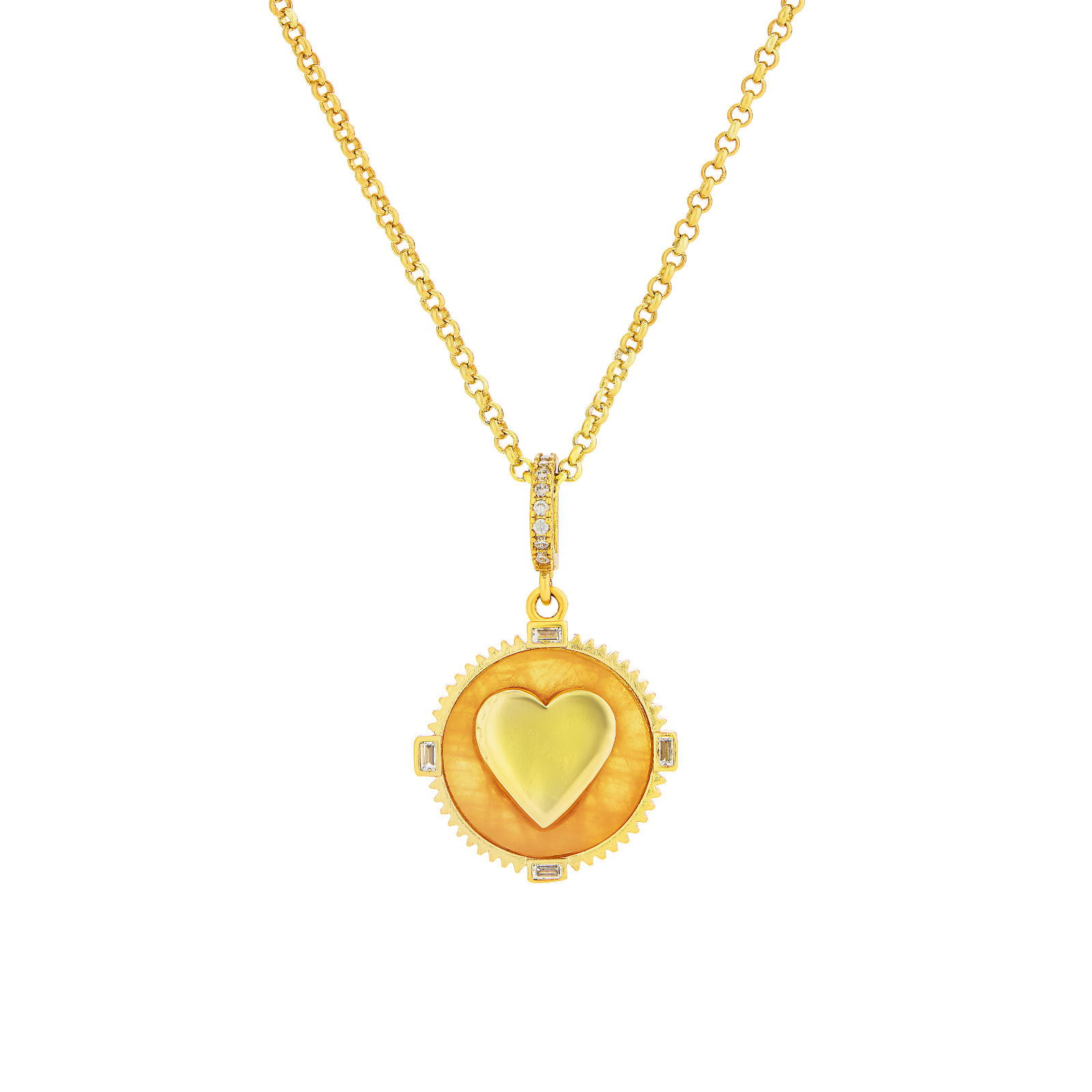 Gold necklace with a heart pendant on a white background